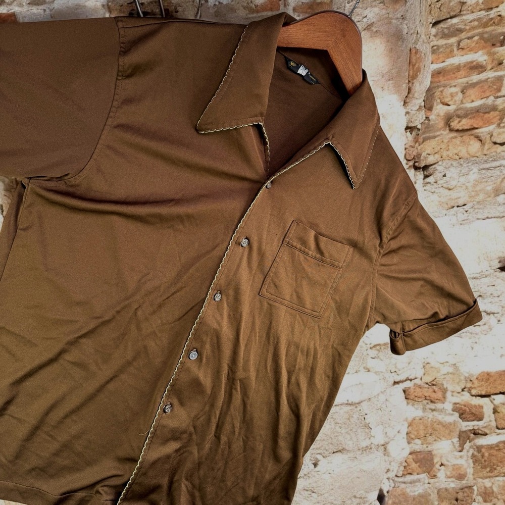 Vintage 70s JCPenney Shirt Men L Brown Polyester Contrast Stitch Retro